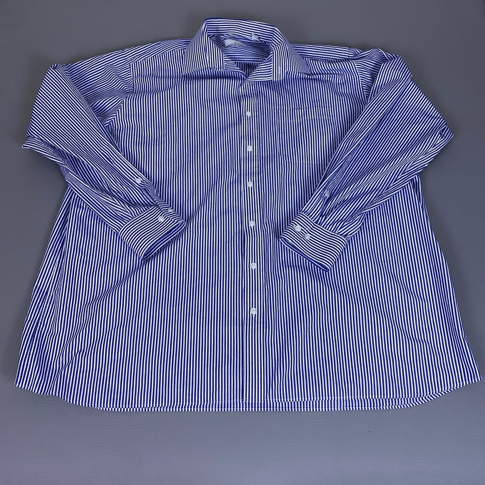 Modena Stout Dress Shirt Men's 17.5 36/37 Tall Blue White Striped‎ Button Up